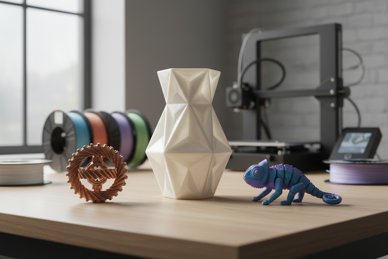 Een 3D-geprinte witte vaas, een koperkleurig tandwiel en een blauw-paarse kameleon staan op een werktafel voor een 3D-printer.